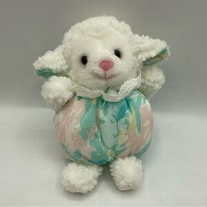 Vintage Russ Lamb Sheep 6" Plush Stuffed Animal White Fleece Floral Beanbag Body
